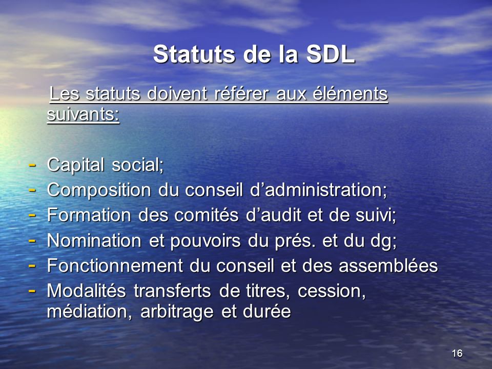 Statuts de la SDL Les statuts doivent référer aux éléments suivants: