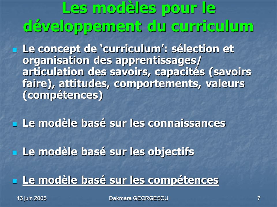 Les modèles pour le développement du curriculum