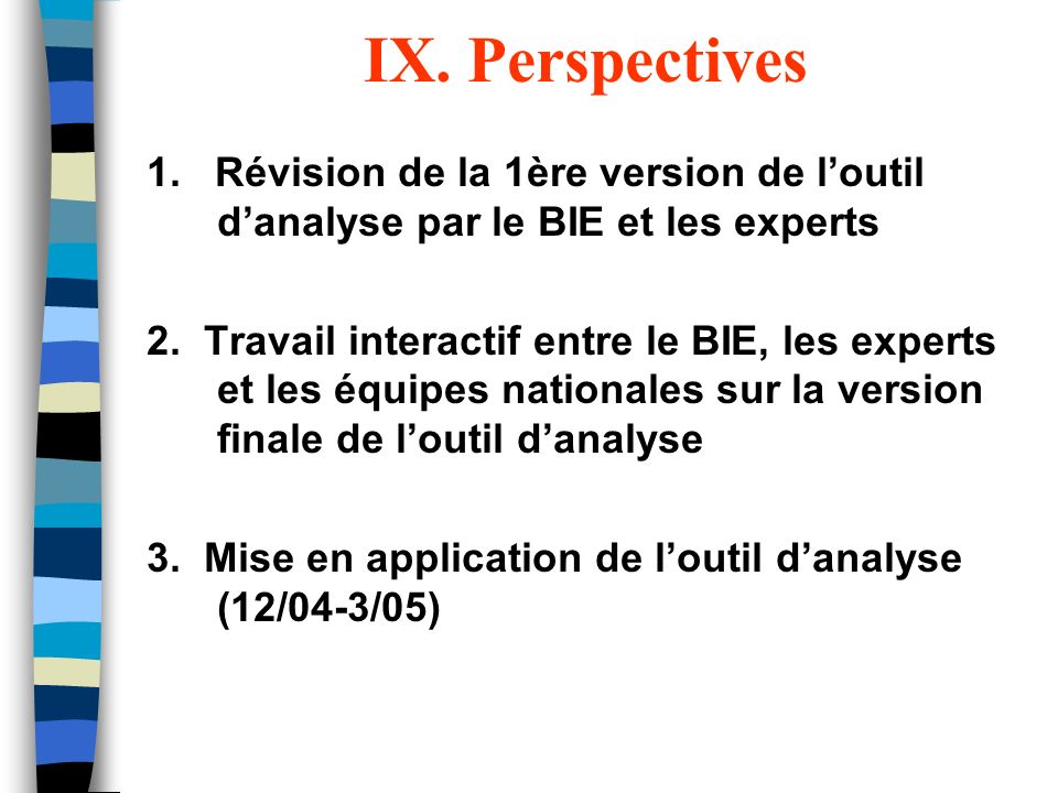 IX. Perspectives 1. Révision de la 1ère version de l’outil d’analyse par le BIE et les experts.