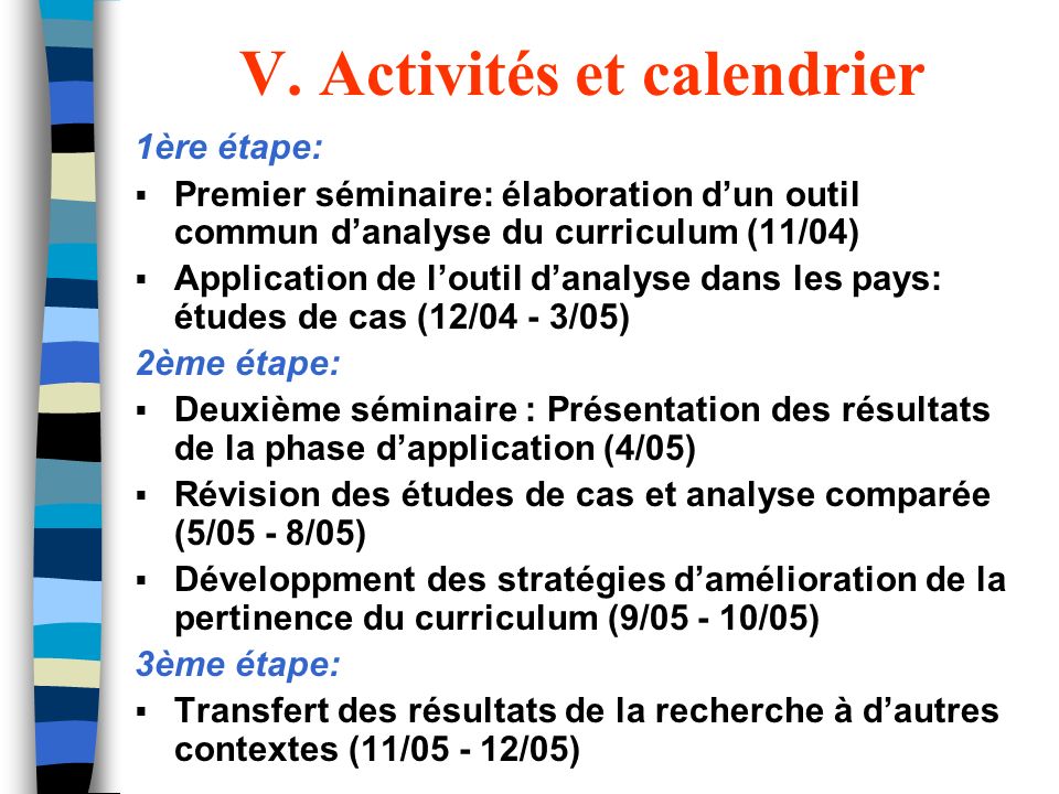 V. Activités et calendrier