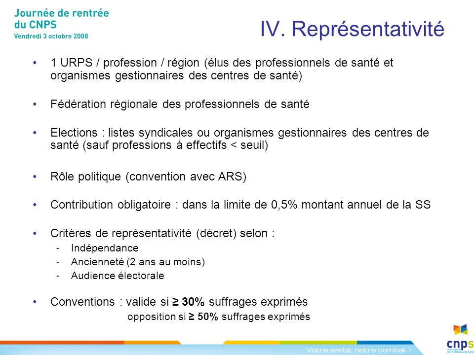 IV. Représentativité 1 URPS / profession / région (élus des professionnels de santé et organismes gestionnaires des centres de santé)