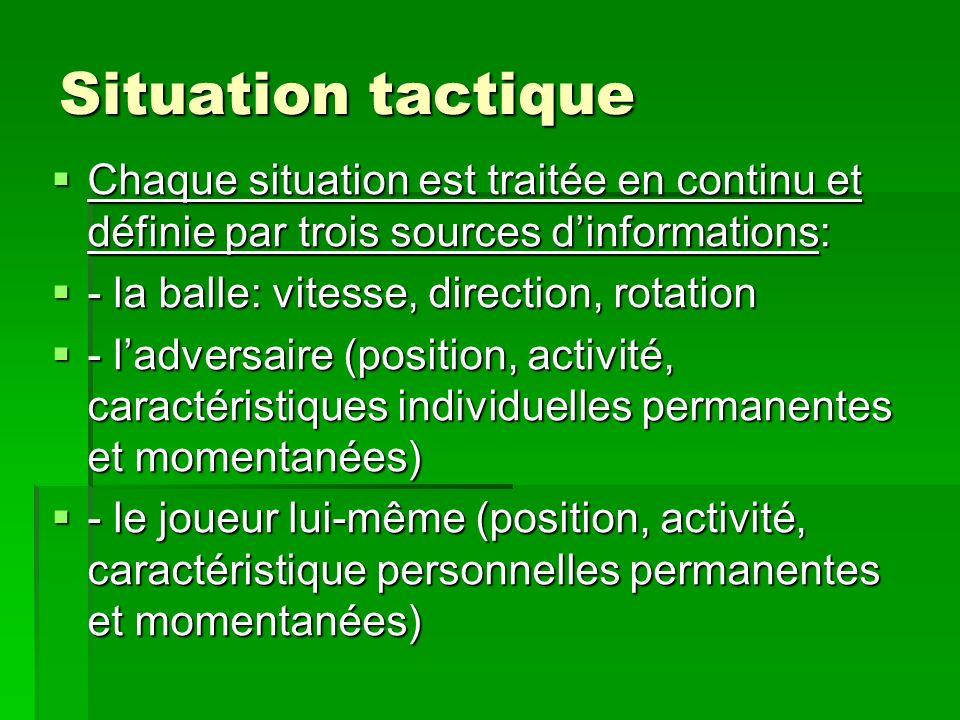 Situation tactique Chaque situation est traitée en continu et définie par trois sources d’informations: