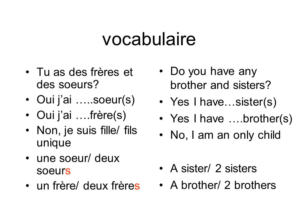 vocabulaire Do you have any brother and sisters Yes I have…sister(s)