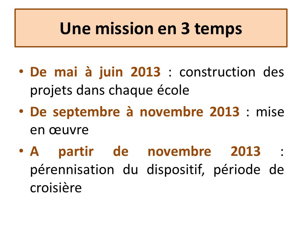 Une mission en 3 temps De mai à juin 2013 : construction des projets dans chaque école. De septembre à novembre 2013 : mise en œuvre.