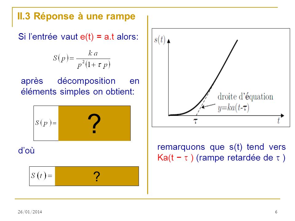 II.3 Réponse à une rampe Si l’entrée vaut e(t) = a.t alors: