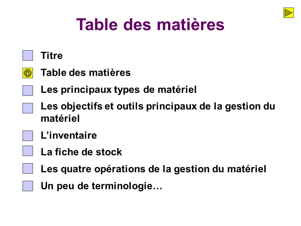 Table des matières Titre Table des matières