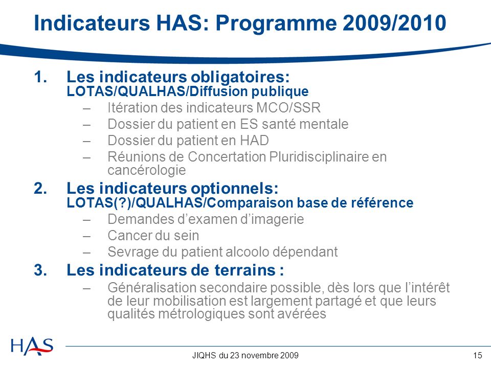 Indicateurs HAS: Programme 2009/2010