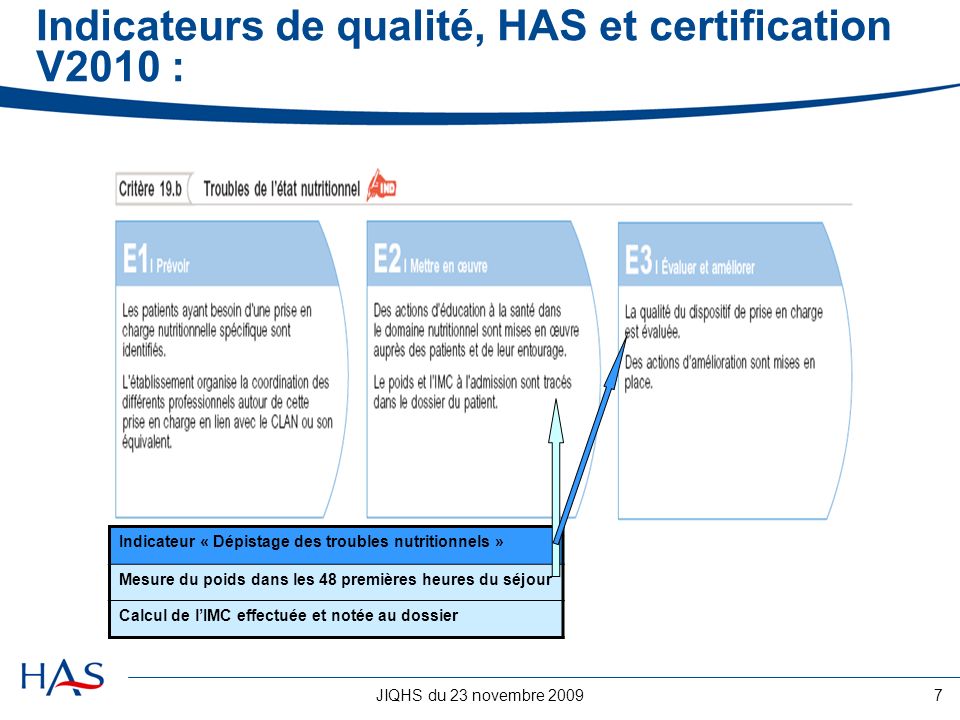 Indicateurs de qualité, HAS et certification V2010 :