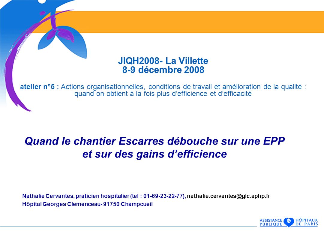 JIQH2008- La Villette 8-9 décembre 2008 atelier n°5 : Actions organisationnelles, conditions de travail et amélioration de la qualité : quand on obtient à la fois plus d’efficience et d’efficacité