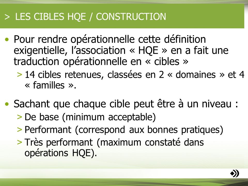 LES CIBLES HQE / CONSTRUCTION