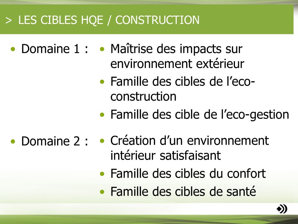LES CIBLES HQE / CONSTRUCTION
