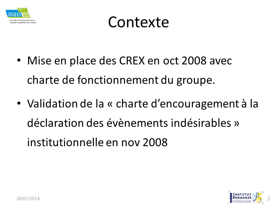 Contexte Mise en place des CREX en oct 2008 avec charte de fonctionnement du groupe.
