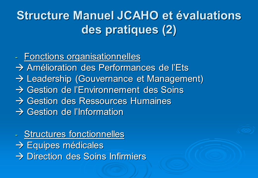Structure Manuel JCAHO et évaluations des pratiques (2)