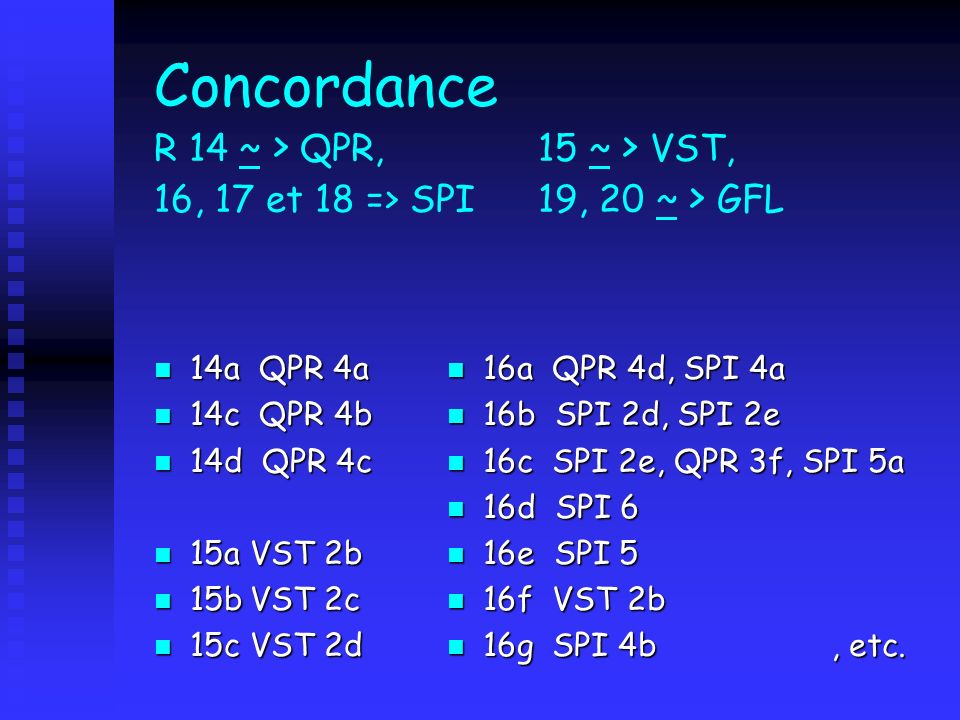 Concordance R 14 ~ > QPR,. 15 ~ > VST, 16, 17 et 18 => SPI