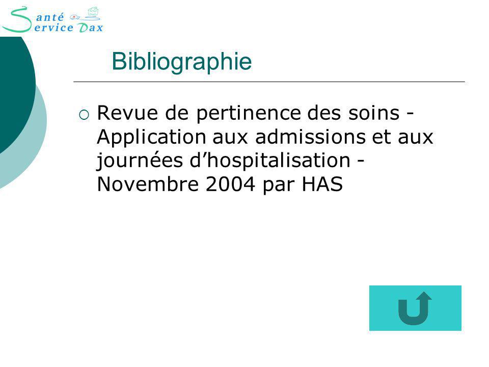 Bibliographie Revue de pertinence des soins - Application aux admissions et aux journées d’hospitalisation - Novembre 2004 par HAS.