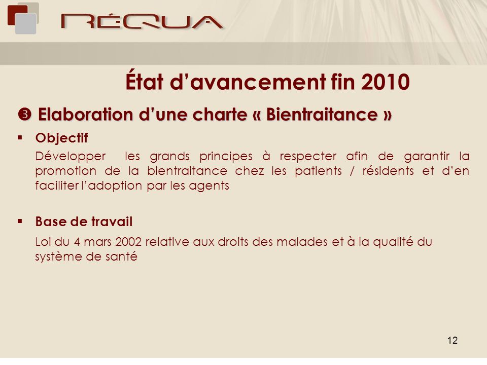 État d’avancement fin 2010  Elaboration d’une charte « Bientraitance » Objectif.