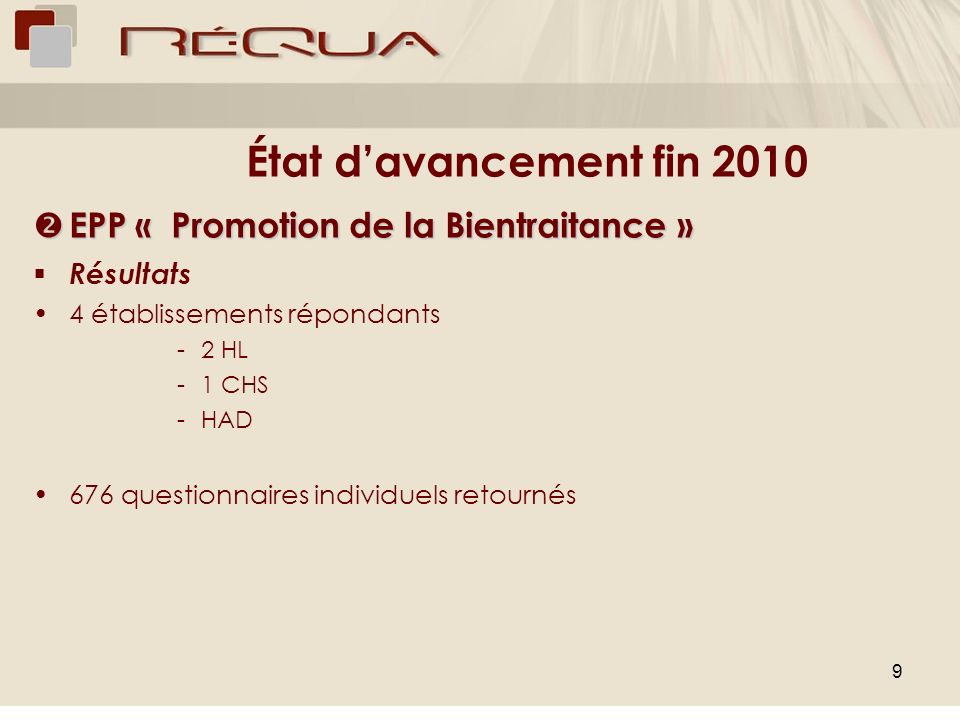 État d’avancement fin 2010 EPP « Promotion de la Bientraitance »