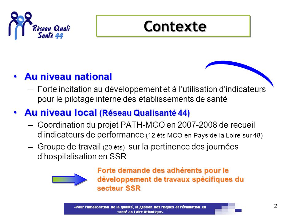 Contexte Au niveau national Au niveau local (Réseau Qualisanté 44)