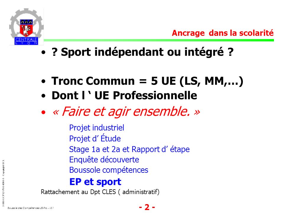 Sport indépendant ou intégré Tronc Commun = 5 UE (LS, MM,…)