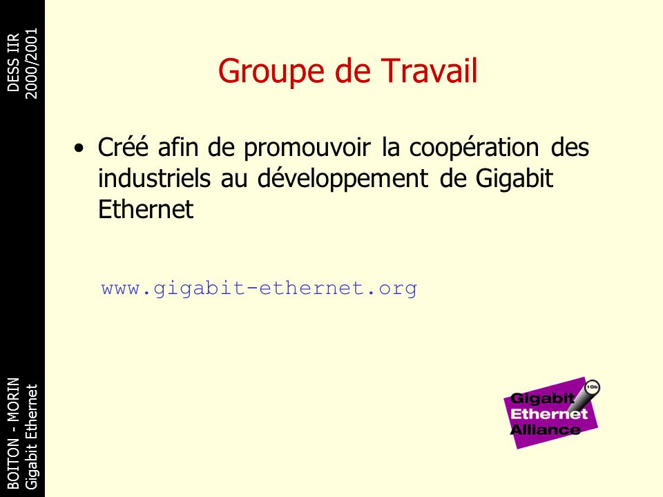 Groupe de Travail Créé afin de promouvoir la coopération des industriels au développement de Gigabit Ethernet.
