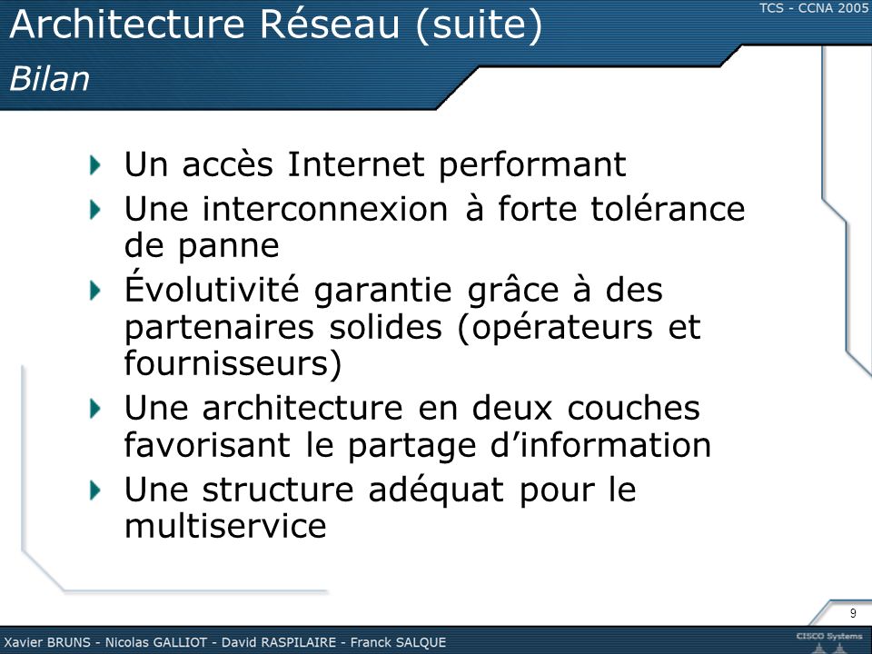 Architecture Réseau (suite) Bilan