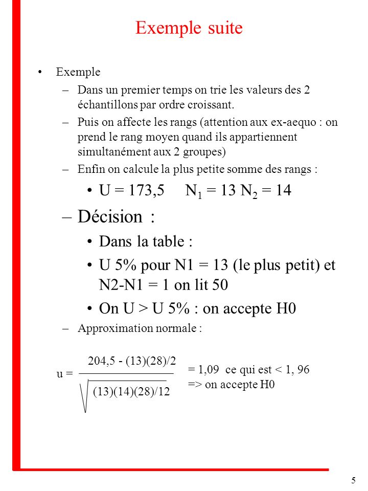 Exemple suite Décision : U = 173,5 N1 = 13 N2 = 14 Dans la table :