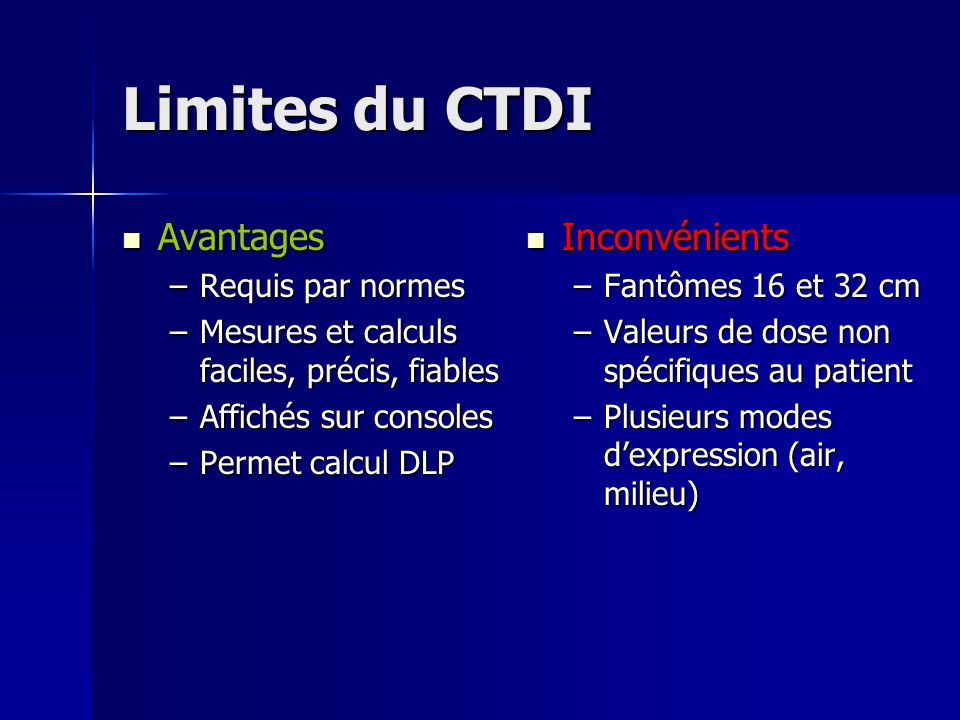 Limites du CTDI Avantages Inconvénients Requis par normes