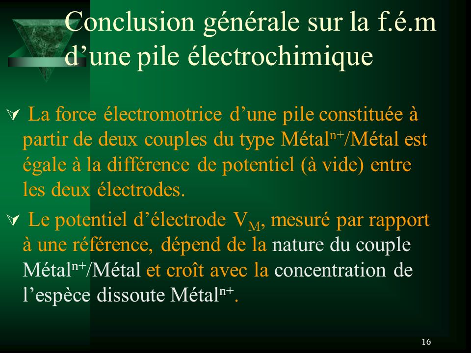 Conclusion générale sur la f.é.m d’une pile électrochimique