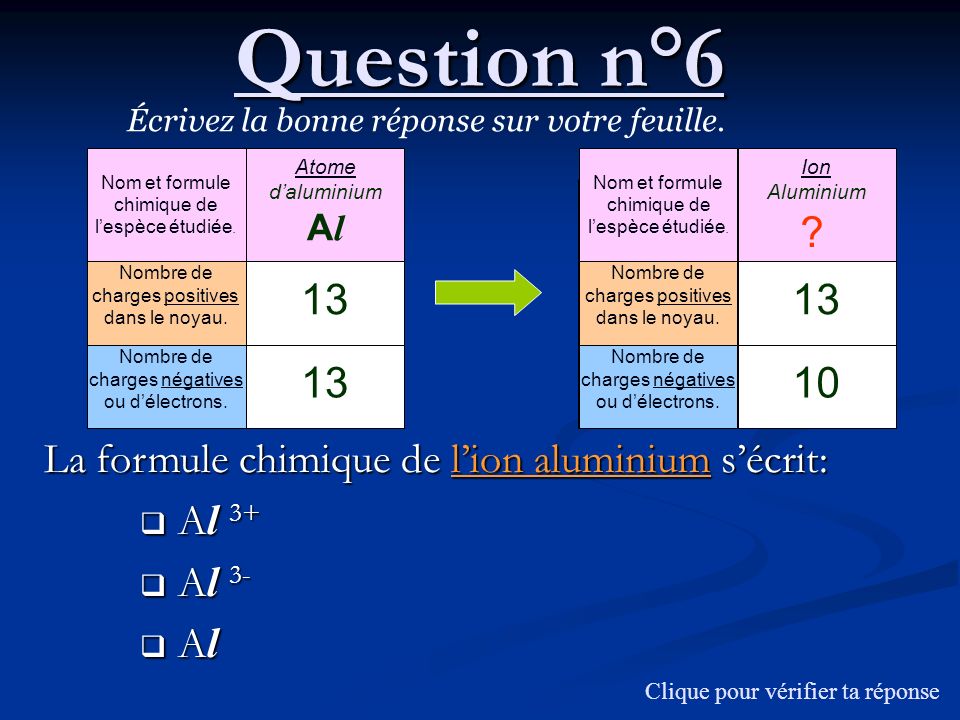 Question n°6 Écrivez la bonne réponse sur votre feuille. Nom et formule chimique de l’espèce étudiée.