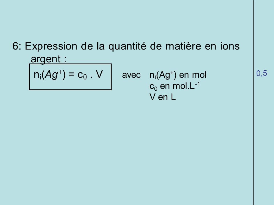 6: Expression de la quantité de matière en ions argent :