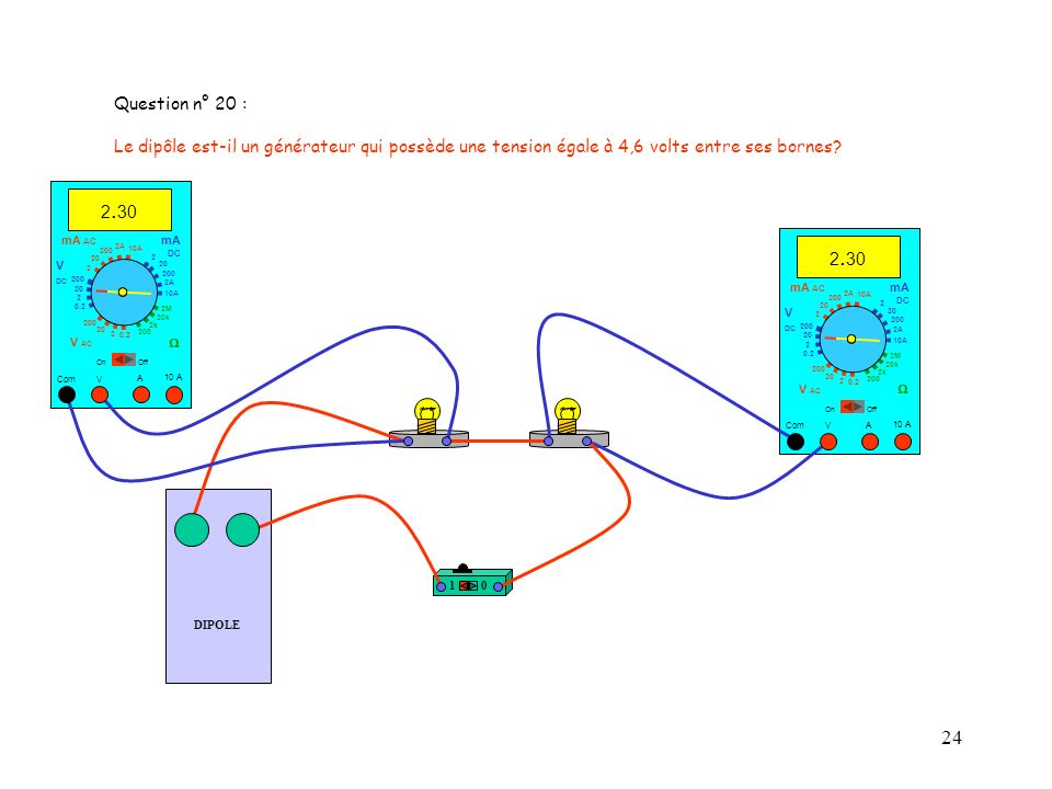Question n° 20 : Le dipôle est-il un générateur qui possède une tension égale à 4,6 volts entre ses bornes