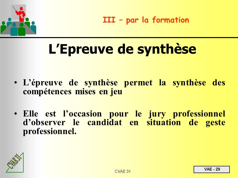 III – par la formation L’Epreuve de synthèse. L’épreuve de synthèse permet la synthèse des compétences mises en jeu.