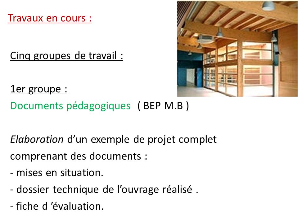 Travaux en cours : Cinq groupes de travail : 1er groupe : Documents pédagogiques ( BEP M.B ) Elaboration d’un exemple de projet complet.