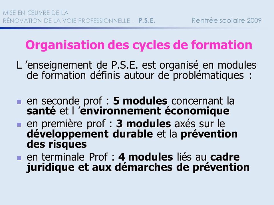 Organisation des cycles de formation