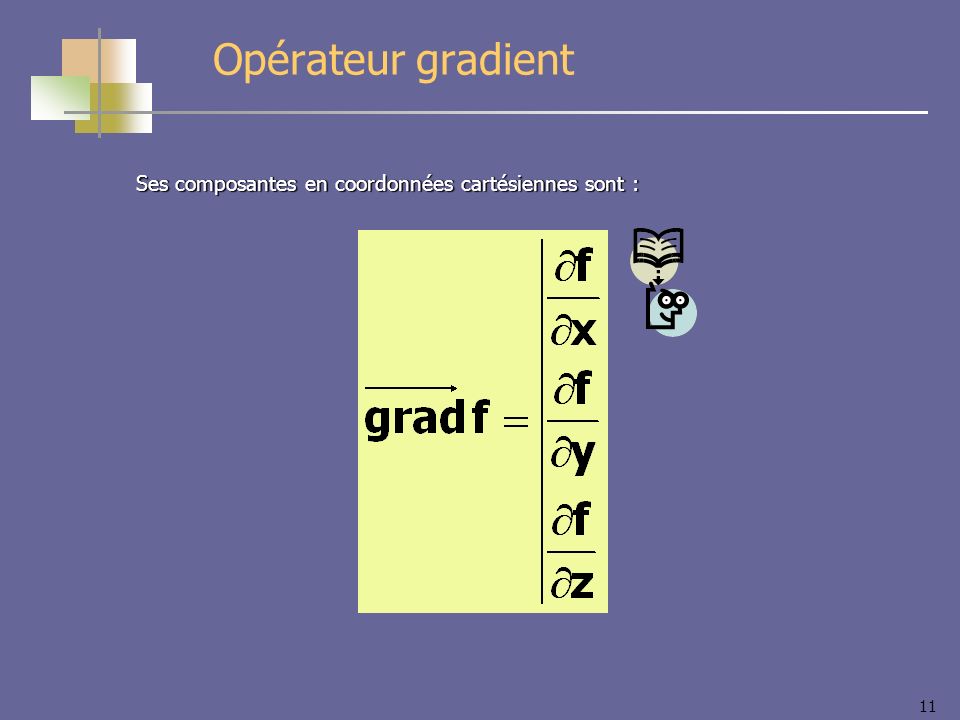 Opérateur gradient Ses composantes en coordonnées cartésiennes sont :