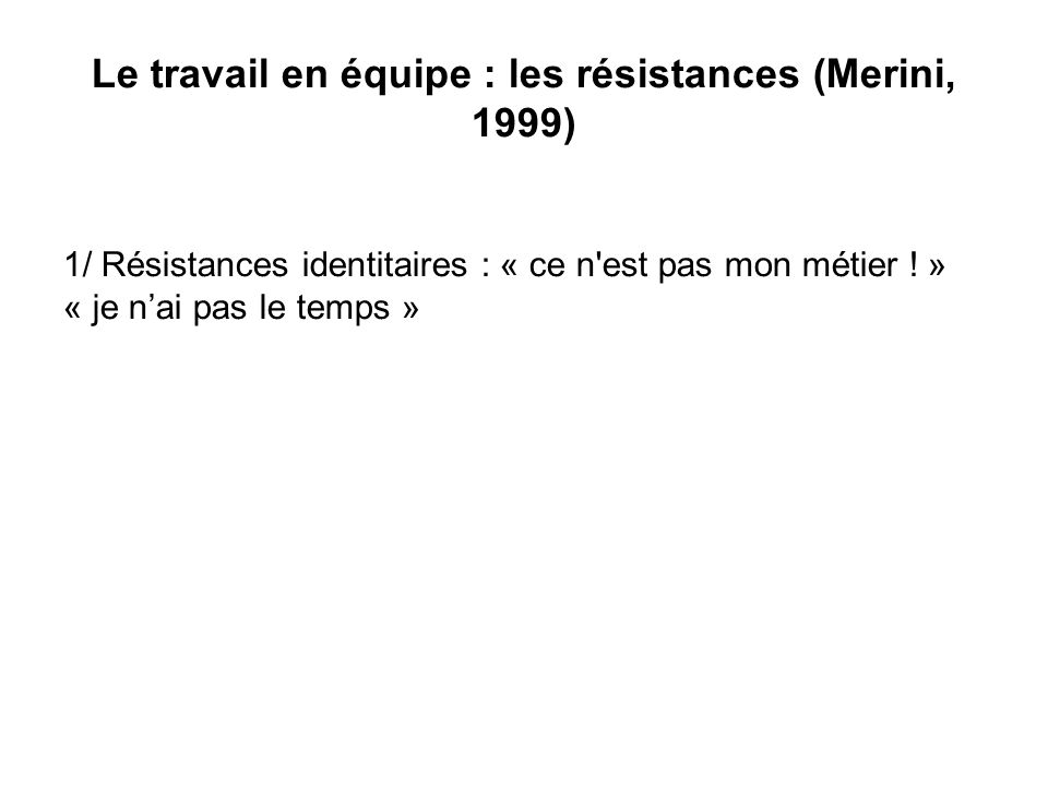 Le travail en équipe : les résistances (Merini, 1999)