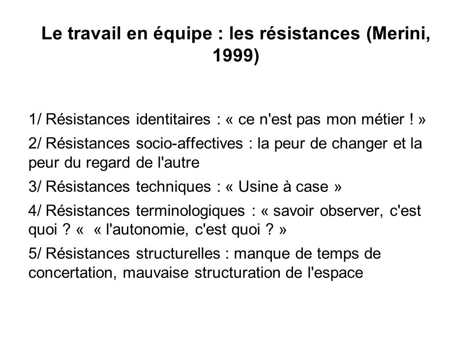 Le travail en équipe : les résistances (Merini, 1999)