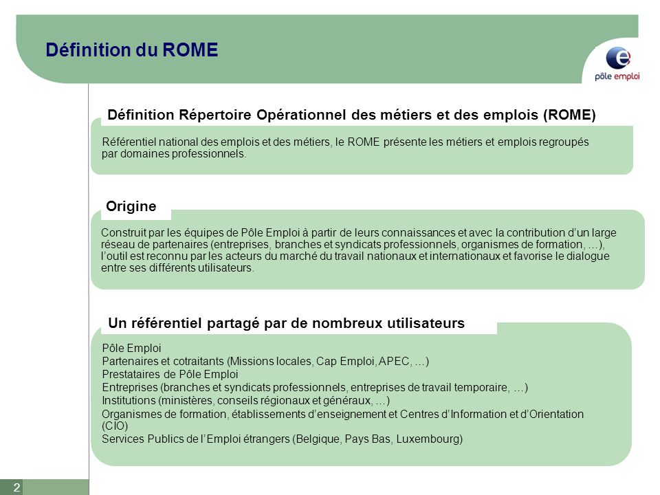 Définition du ROME Définition Répertoire Opérationnel des métiers et des emplois (ROME)
