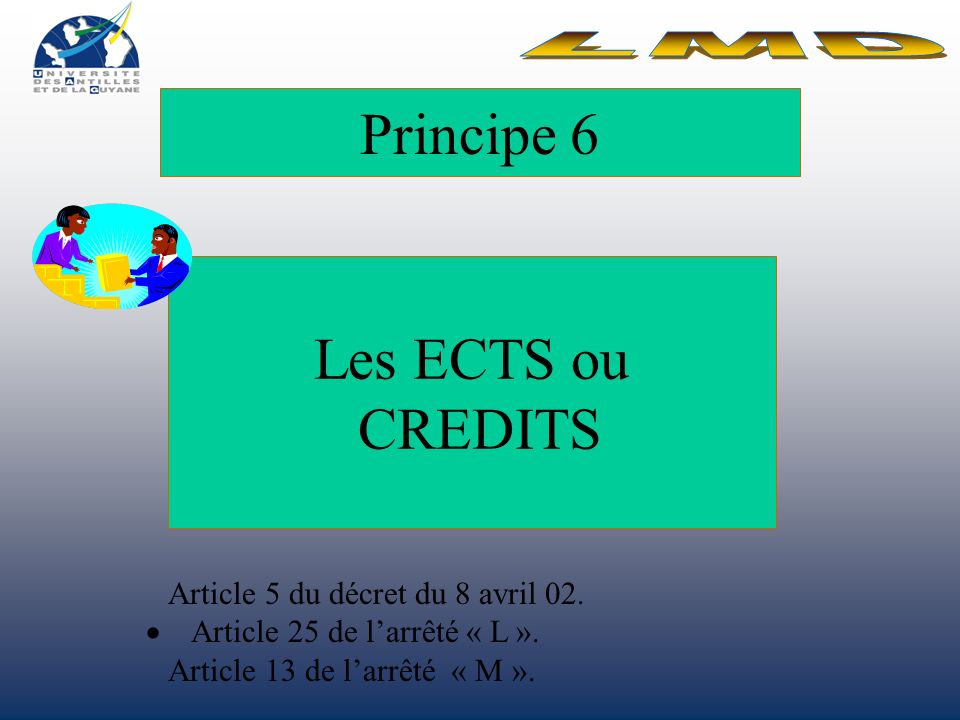 Principe 6 Les ECTS ou CREDITS LMD Article 5 du décret du 8 avril 02.