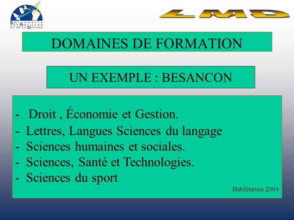 LMD DOMAINES DE FORMATION UN EXEMPLE : BESANCON