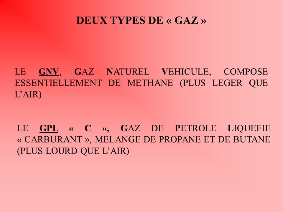 DEUX TYPES DE « GAZ » LE GNV, GAZ NATUREL VEHICULE, COMPOSE ESSENTIELLEMENT DE METHANE (PLUS LEGER QUE L’AIR)
