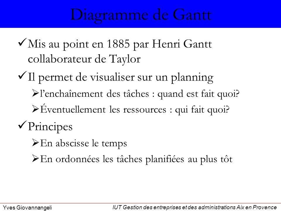 Diagramme de Gantt Mis au point en 1885 par Henri Gantt collaborateur de Taylor. Il permet de visualiser sur un planning.