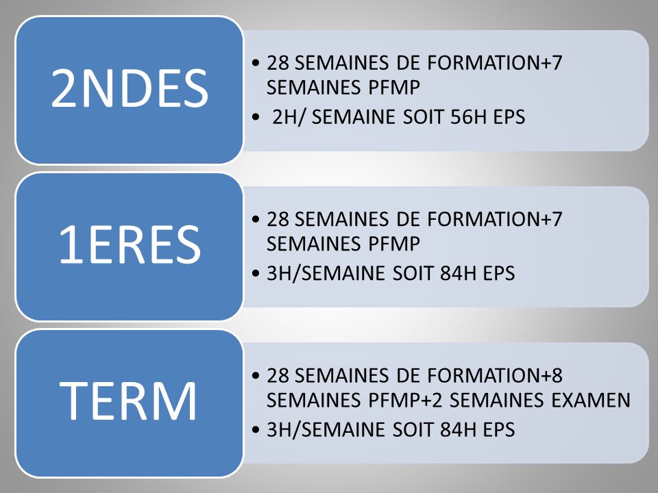 2NDES 28 SEMAINES DE FORMATION+7 SEMAINES PFMP. 2H/ SEMAINE SOIT 56H EPS. 1ERES. 3H/SEMAINE SOIT 84H EPS.