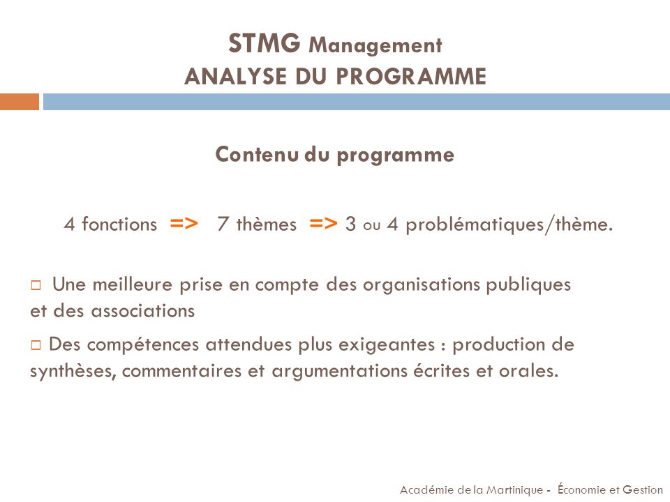 STMG Management ANALYSE DU PROGRAMME