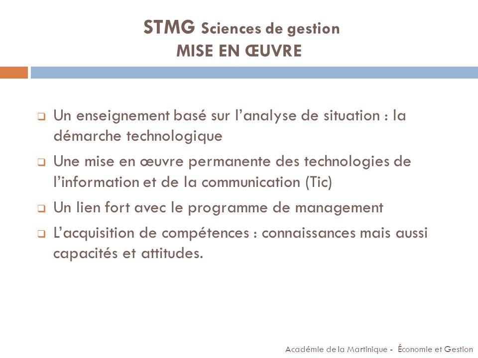 STMG Sciences de gestion MISE EN ŒUVRE