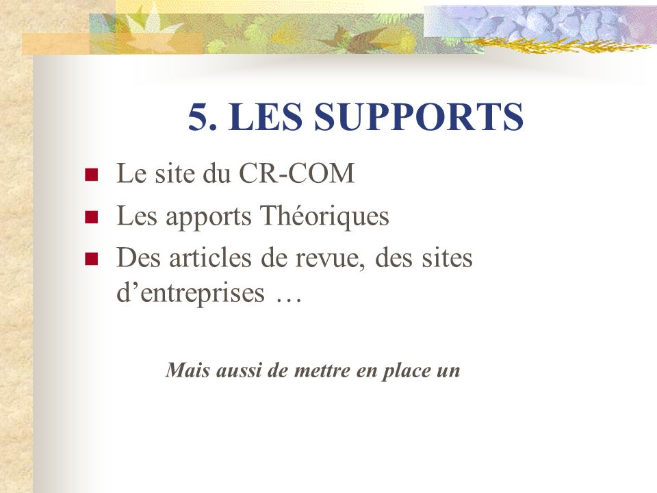 5. LES SUPPORTS Le site du CR-COM Les apports Théoriques
