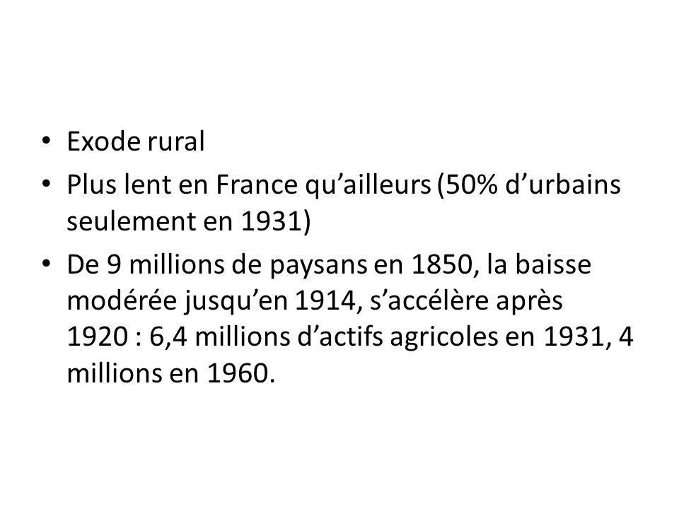 Exode rural Plus lent en France qu’ailleurs (50% d’urbains seulement en 1931)
