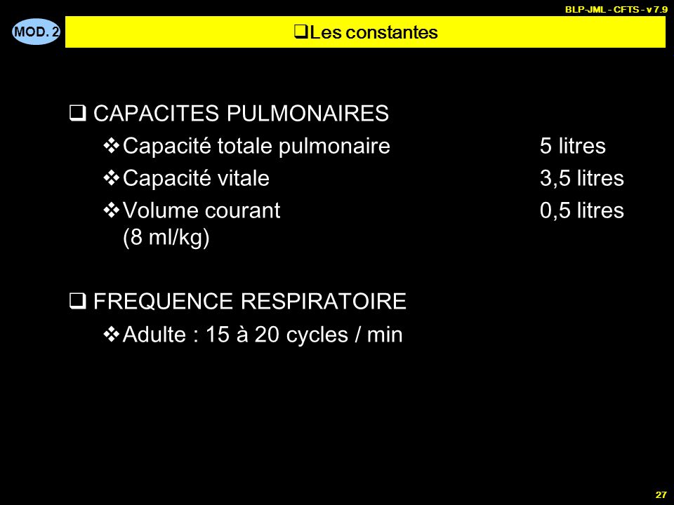 CAPACITES PULMONAIRES Capacité totale pulmonaire 5 litres