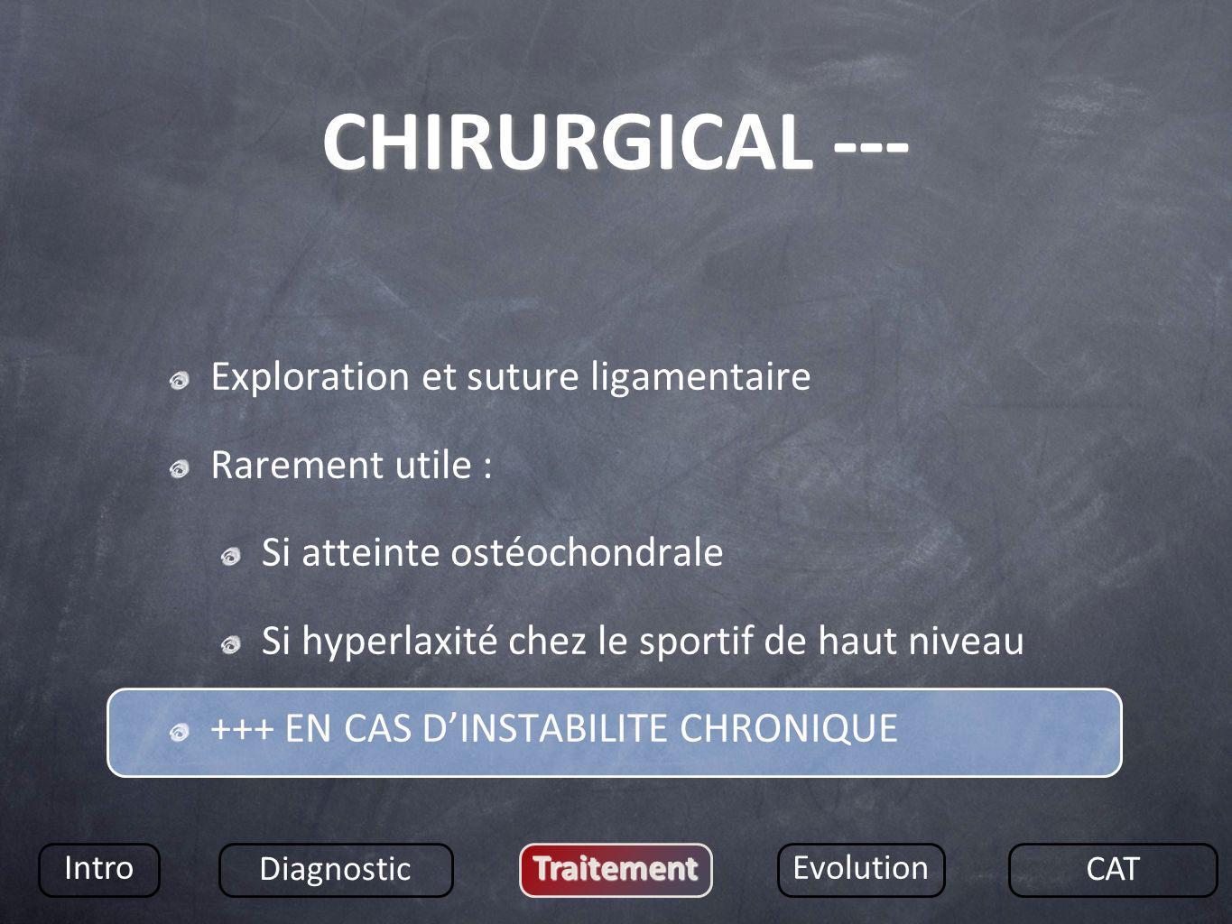 CHIRURGICAL --- Exploration et suture ligamentaire Rarement utile :