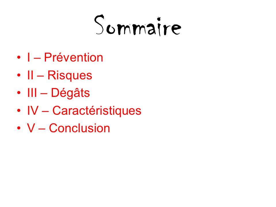 Sommaire I – Prévention II – Risques III – Dégâts